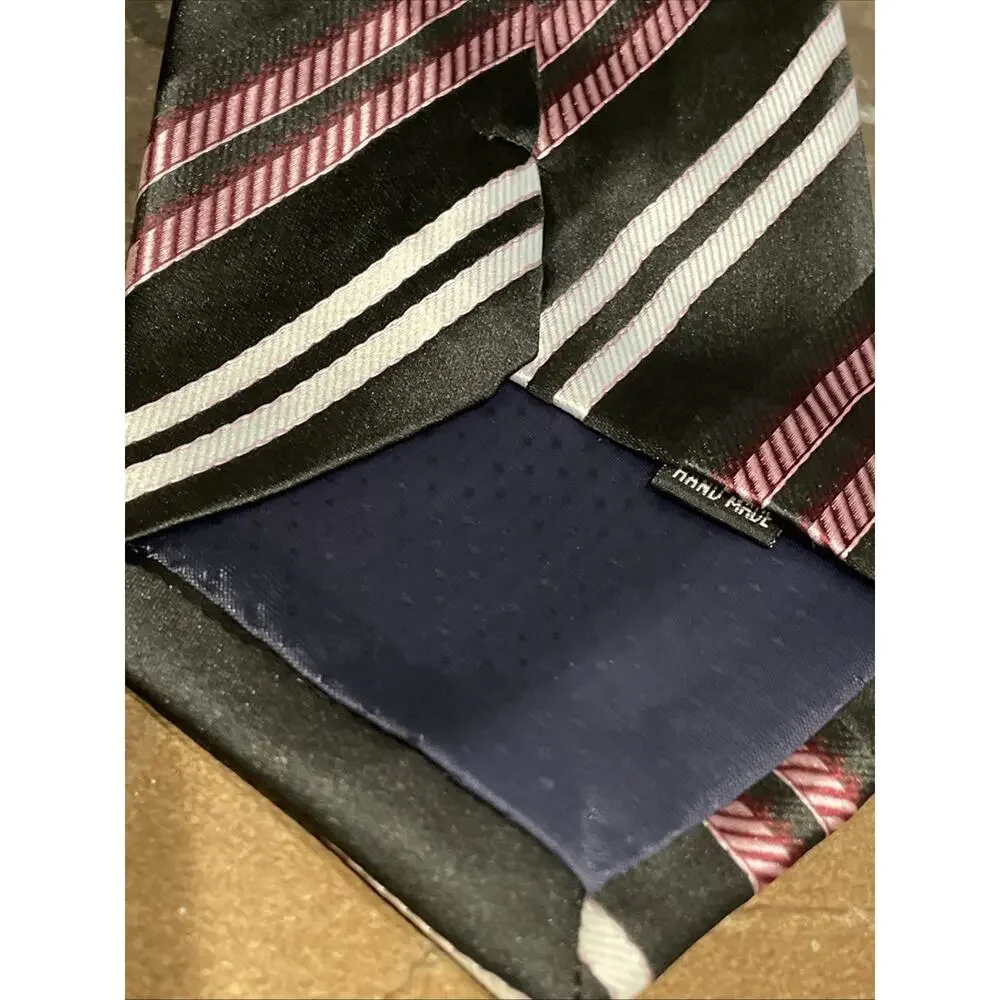 Kai Long 100% Silk Tie Purple White And Black Horizontal Striped